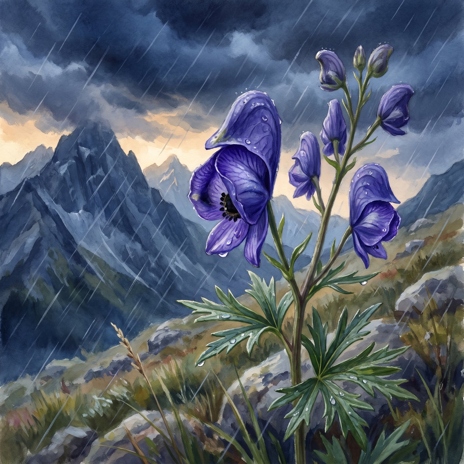 Violet-blue monkshood flowers, their helmet-shaped hoods beaded with rain, against storm clouds and mountain peaks.