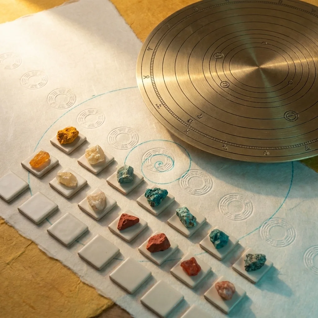 Brass planetary disc above rows of mineral samples and blank tiles.
