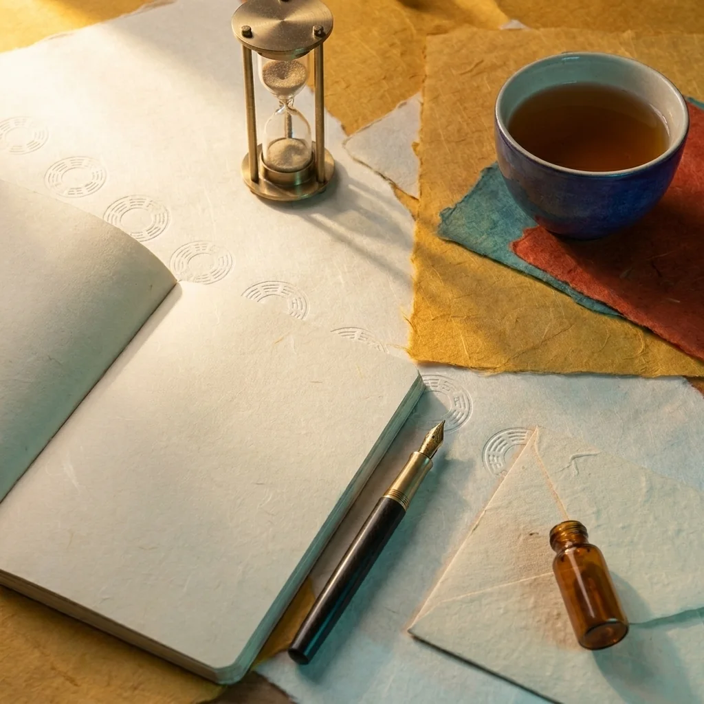 Open notebook, pen, sand timer, tea, envelope and amber vial.