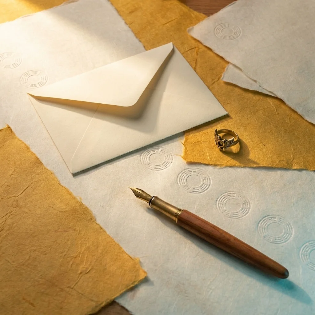 Sealed cream envelope, fountain pen and brass ring in warm light.