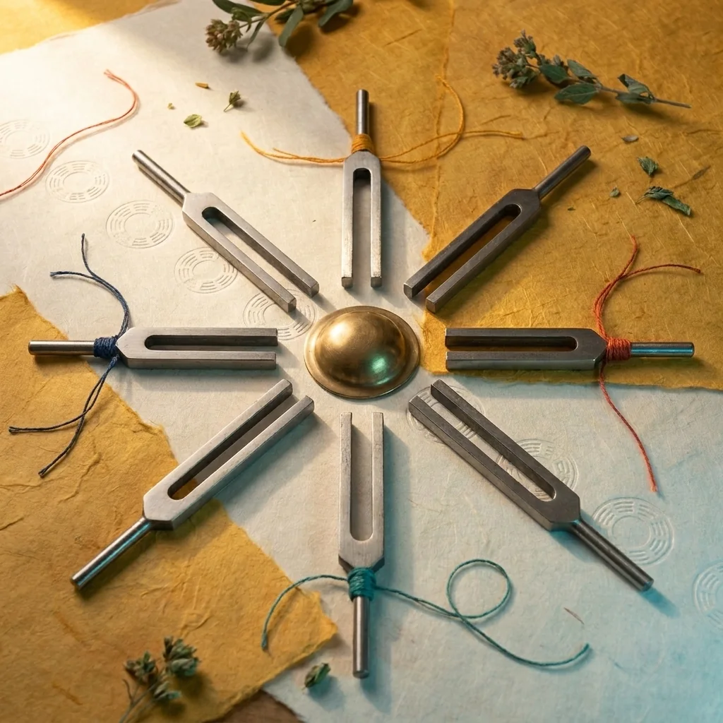 Eight tuning forks arranged in four pairs around a brass centre.