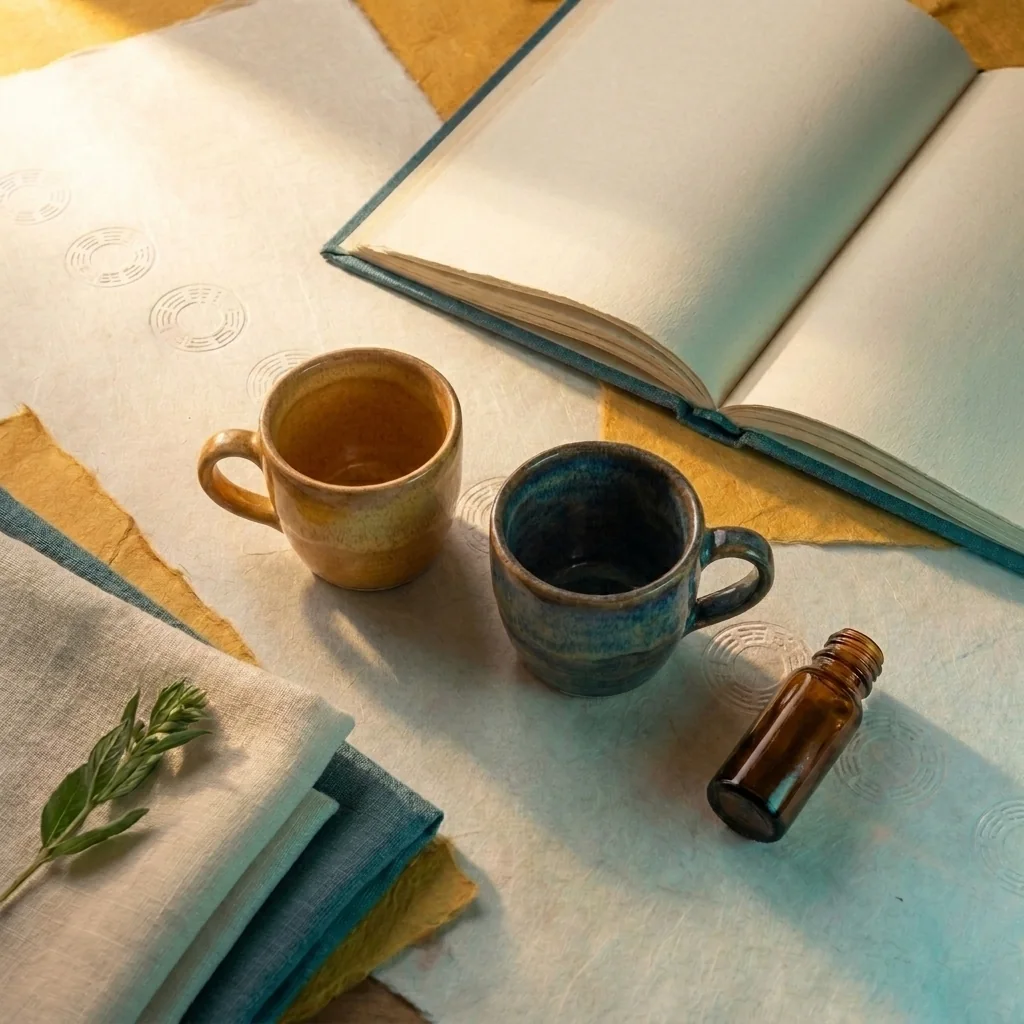 Two upright ceramic cups beside an open notebook, amber vial and folded linen.