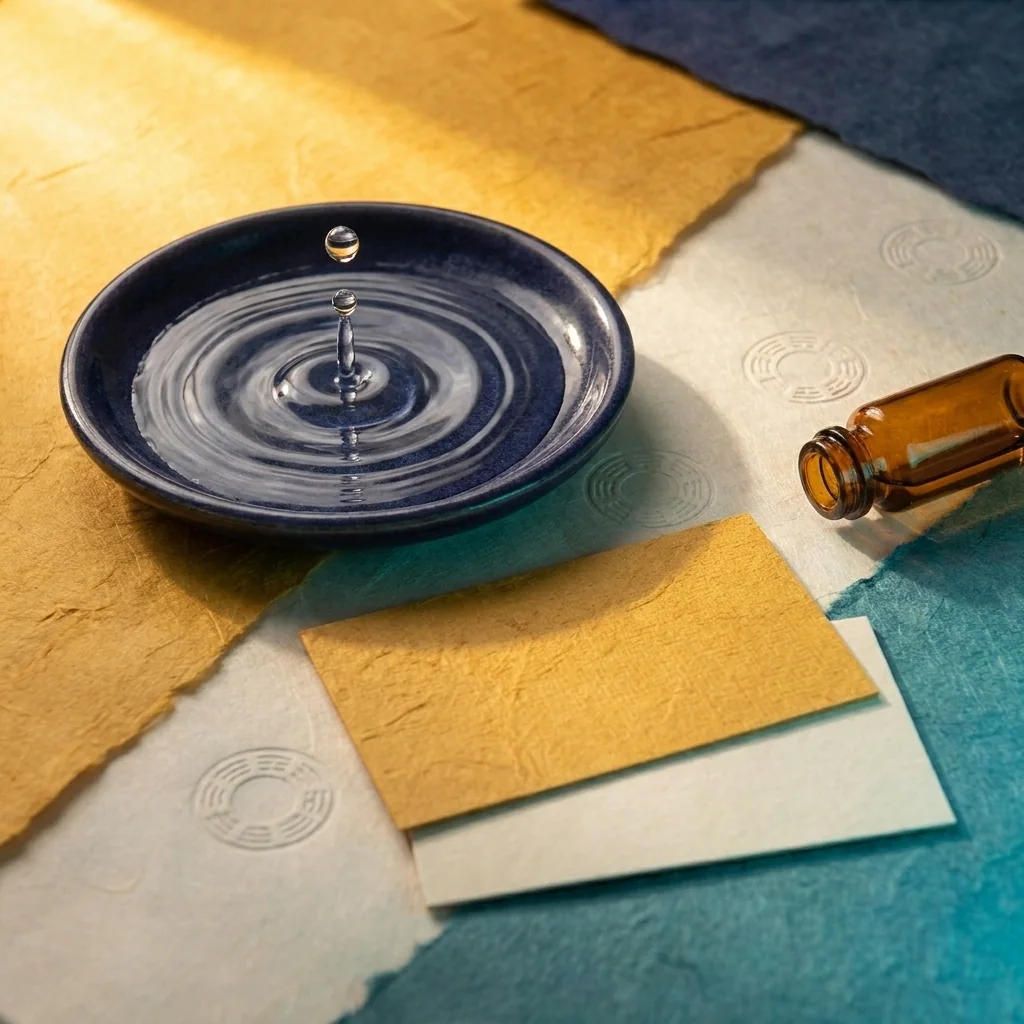 Glass drop above ripples in a blue dish beside case cards and an amber vial.