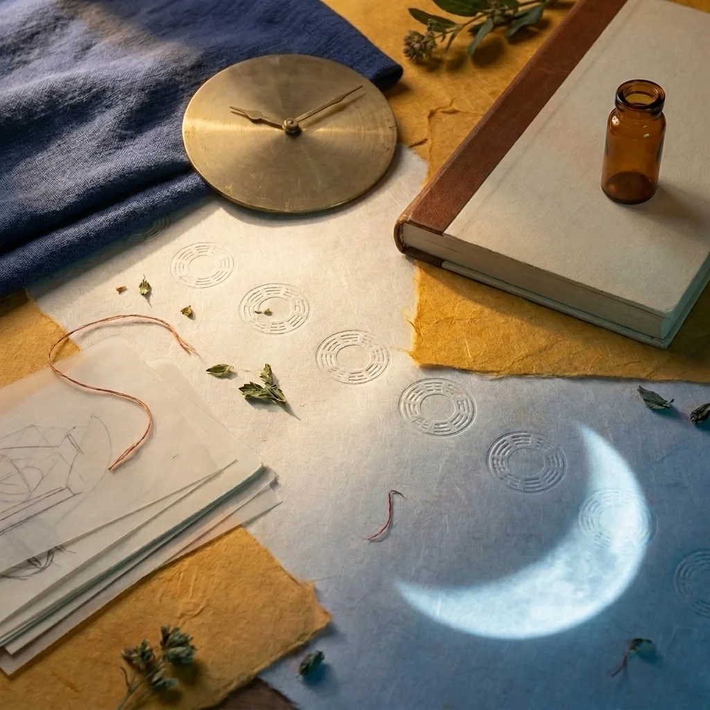 Blank brass clock, closed notebook and amber vial beside a crescent of blue light.