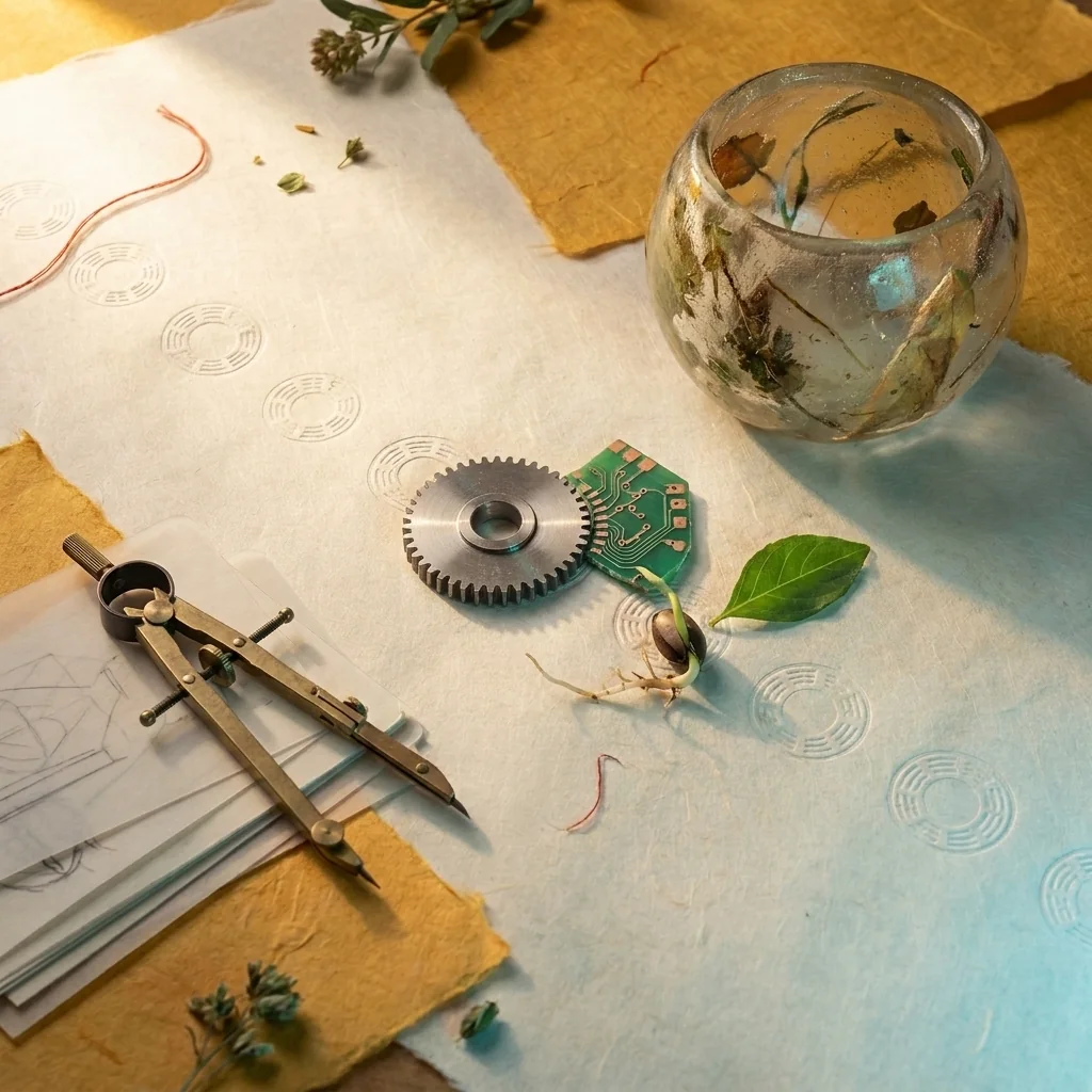 Metal gear and circuit fragment meet a germinating seed, leaf and glass vessel.
