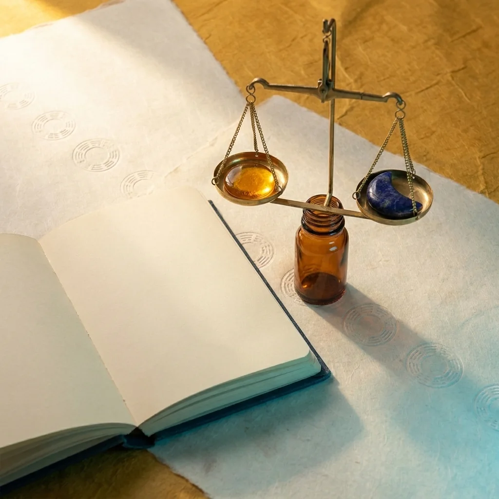 Brass balance holding amber and indigo shapes above a notebook and vial.