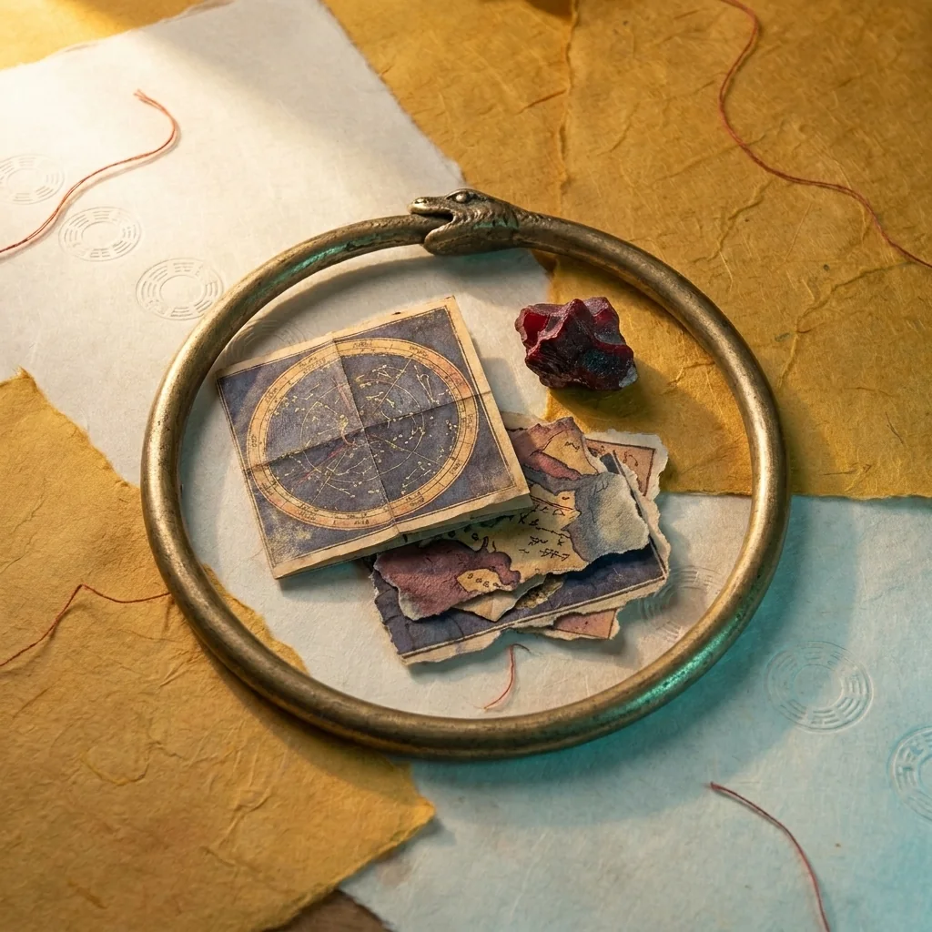 Brass ouroboros ring around a star chart, mineral and layered map fragments.