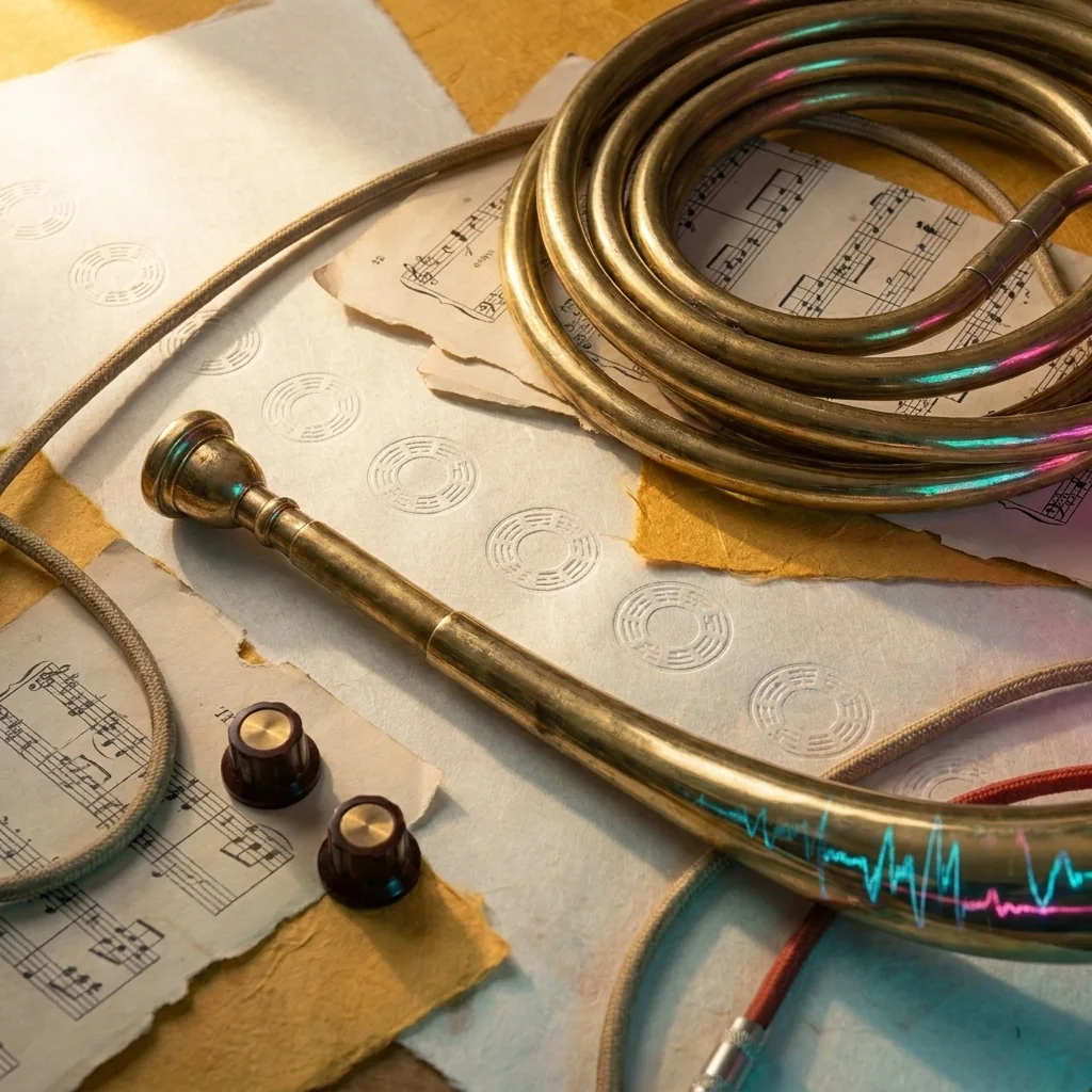 Coiled brass horn tubing, mouthpiece, musical score, patch cable and synthesiser controls.
