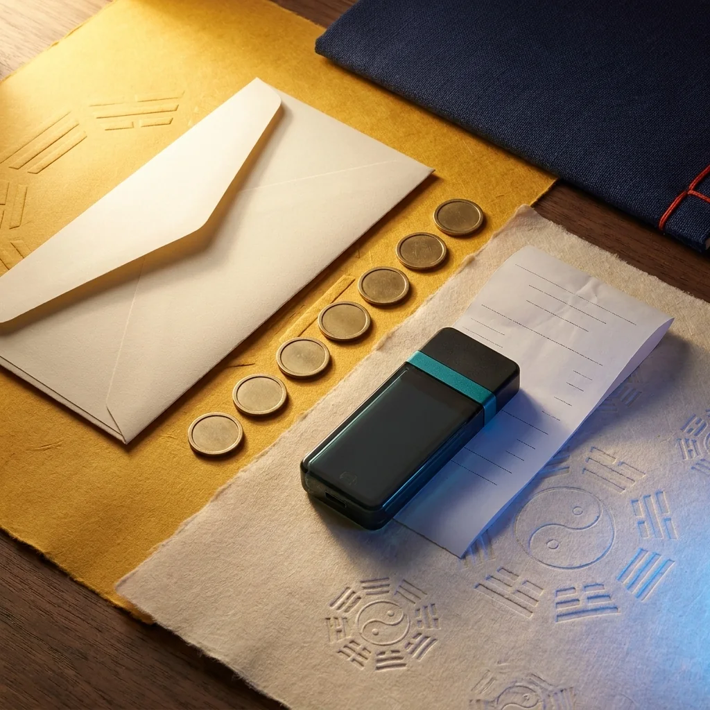 Cream envelope, seven brass tokens and an unbranded card reader on layered paper.