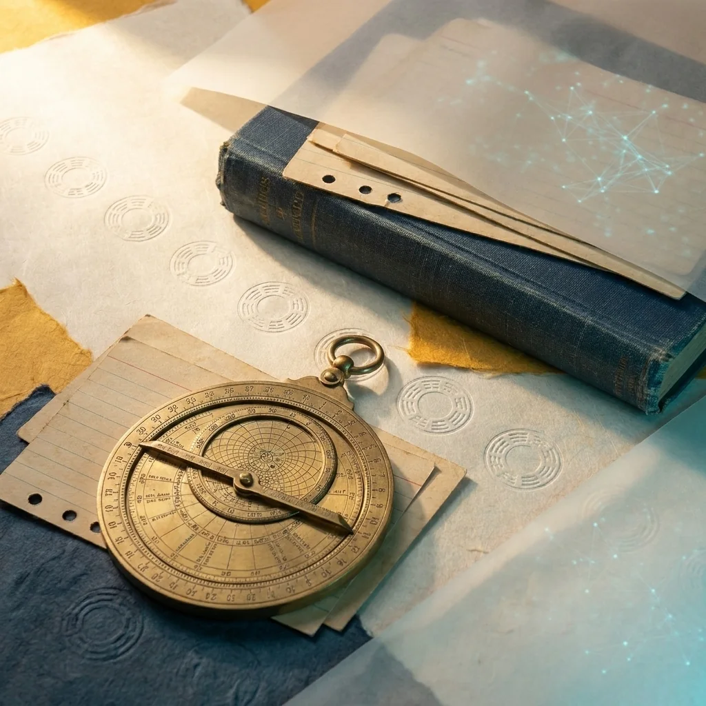 Brass navigation instrument, index cards and a cyan network layered over a book.