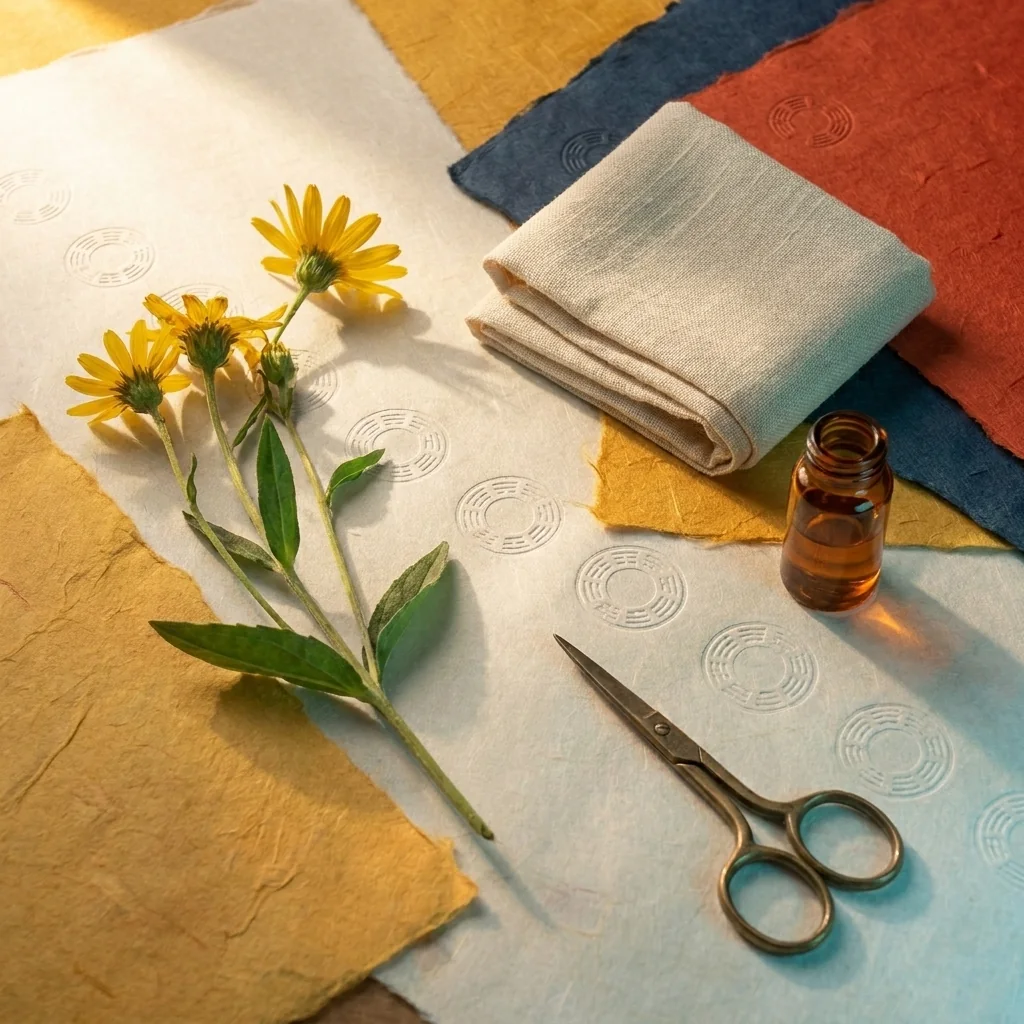 Arnica flowers, folded linen, amber vial and brass scissors on layered paper.
