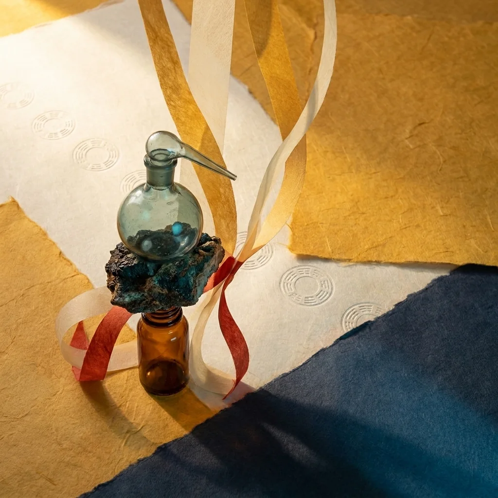 Glass alembic, dark mineral, amber vial and rising paper ribbons.