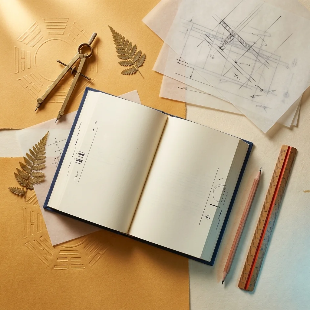 Open study book, drafting compass, botanical specimen, pencil and ruler.