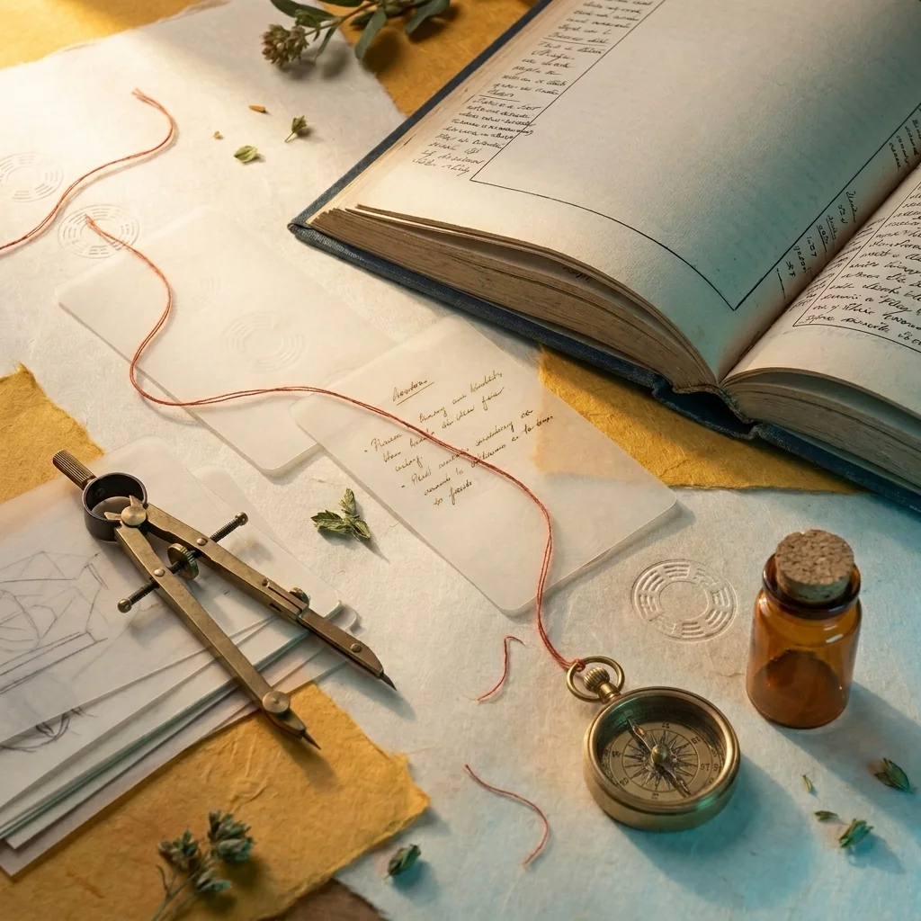 Red thread crossing layered notes toward a brass compass and amber vial.