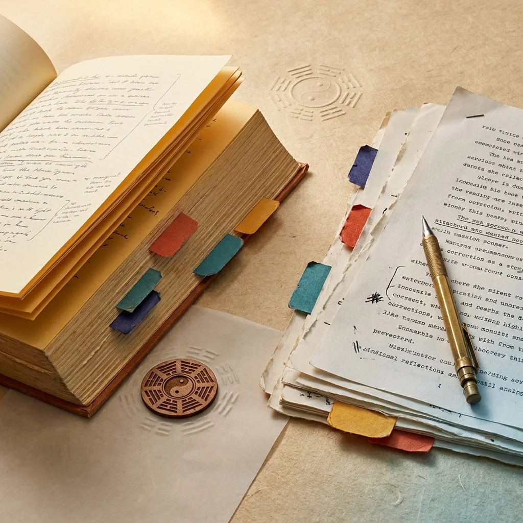 Open books, loose manuscript pages, pencil and coloured reference tabs.