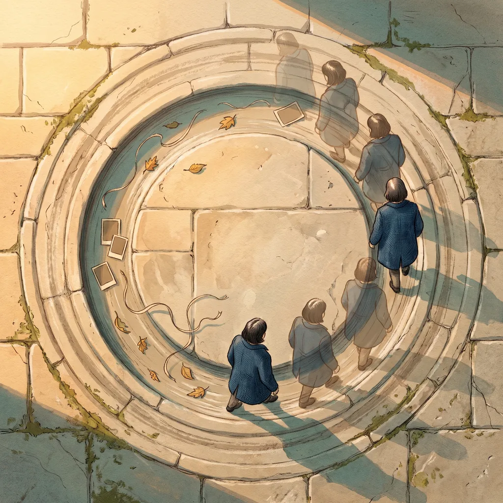 Seen from above, a figure in a blue coat walks a circular groove worn into a stone courtyard, followed by fading copies of itself, with leaves, blank photographs and loose thread caught in the track.